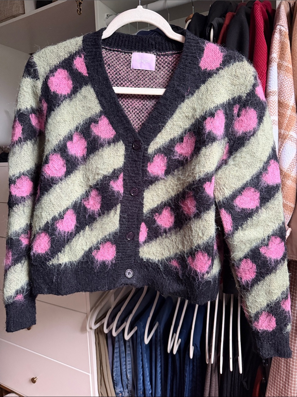 Cozy V-Neck Mohair-look Cardigan with pink hearts